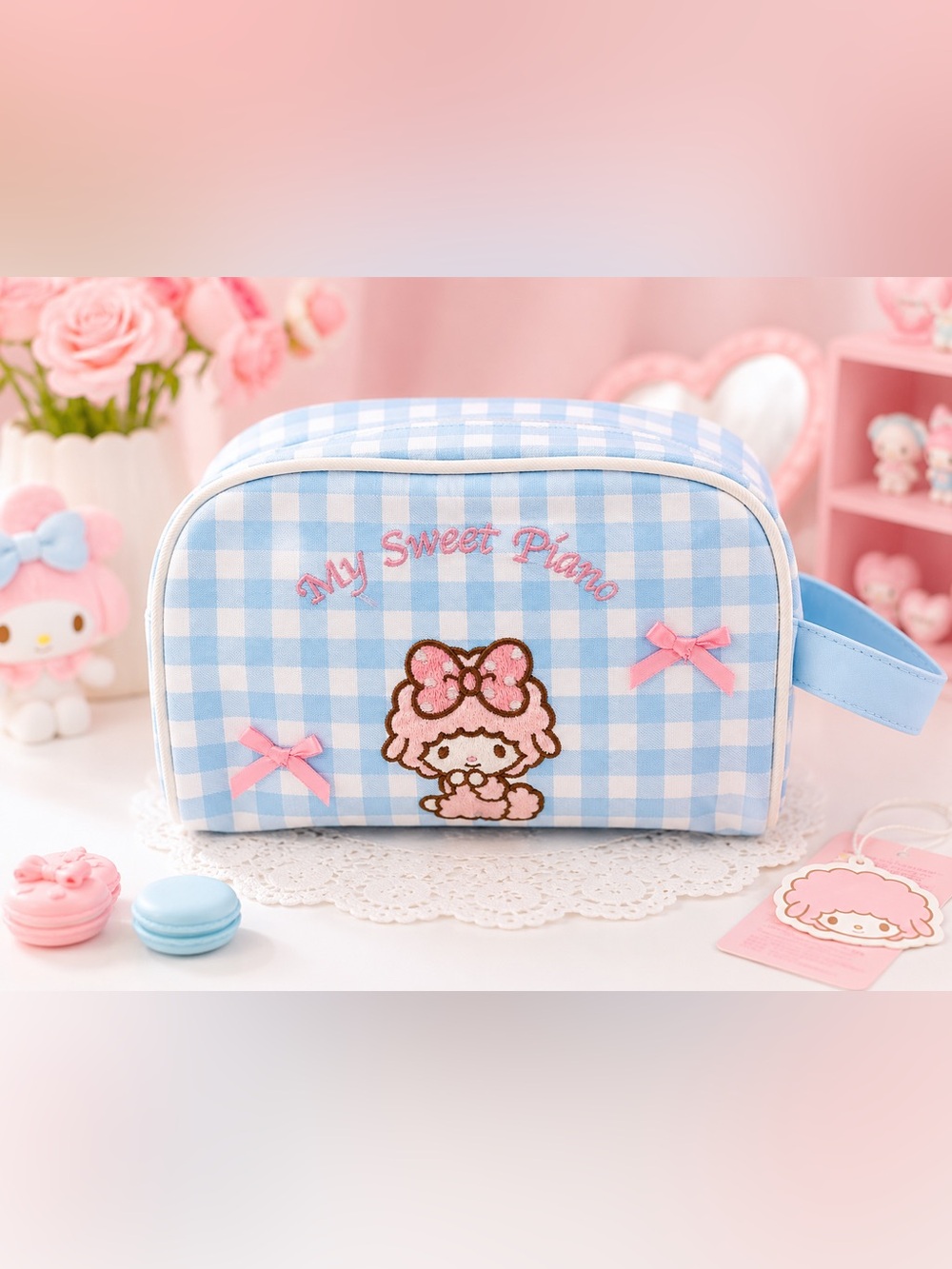 Blue Gingham “My Sweet Piano” Cosmetic Pouch